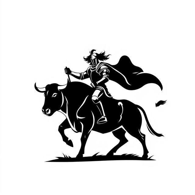 A full view of a simple black silhouette logo depicting a knight confidently holding a flag while riding a bull