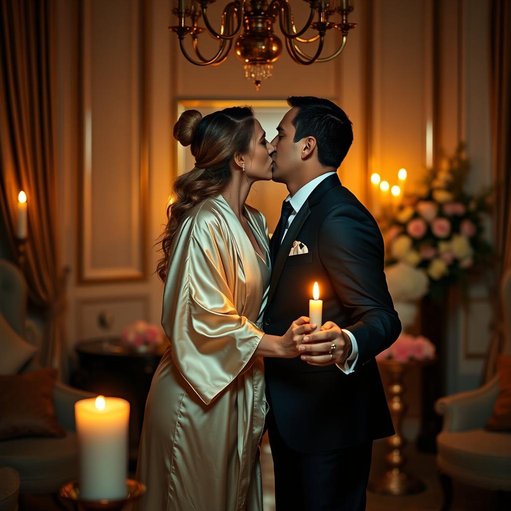 An intimate scene depicting a passionate kiss between two adults, illuminated by soft candlelight, creating a warm and romantic atmosphere