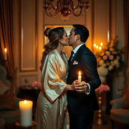 An intimate scene depicting a passionate kiss between two adults, illuminated by soft candlelight, creating a warm and romantic atmosphere