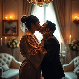 An intimate scene depicting a passionate kiss between two adults, illuminated by soft candlelight, creating a warm and romantic atmosphere