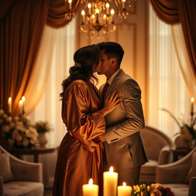 An intimate scene depicting a passionate kiss between two adults, illuminated by soft candlelight, creating a warm and romantic atmosphere