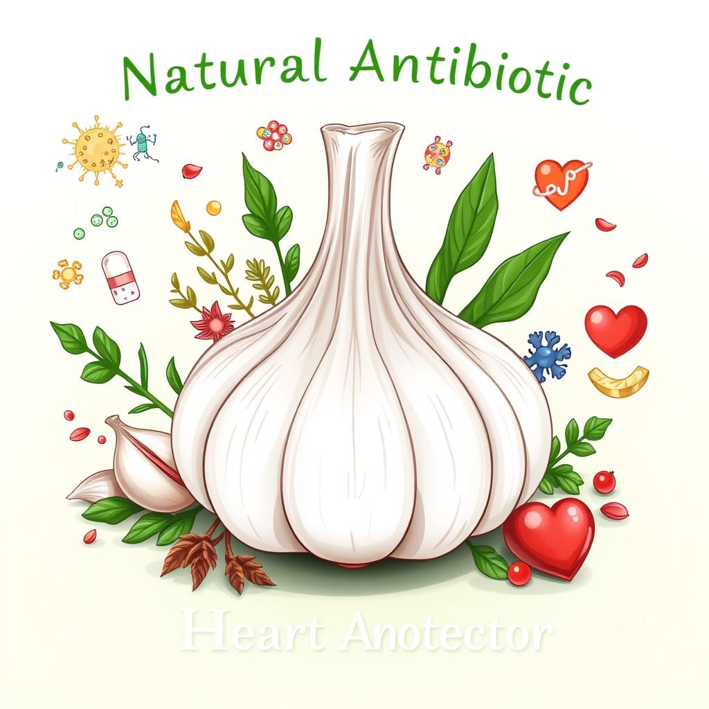 A detailed and informative illustration showcasing the properties of garlic as a natural antibiotic and heart protector