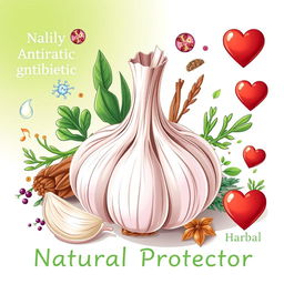 A detailed and informative illustration showcasing the properties of garlic as a natural antibiotic and heart protector