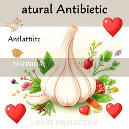 A detailed and informative illustration showcasing the properties of garlic as a natural antibiotic and heart protector