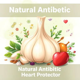 A detailed and informative illustration showcasing the properties of garlic as a natural antibiotic and heart protector