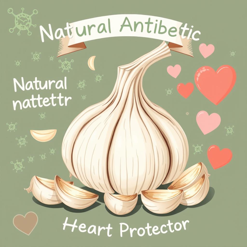 A detailed and engaging illustration depicting the properties of garlic as a natural antibiotic and heart protector