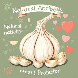 A detailed and engaging illustration depicting the properties of garlic as a natural antibiotic and heart protector