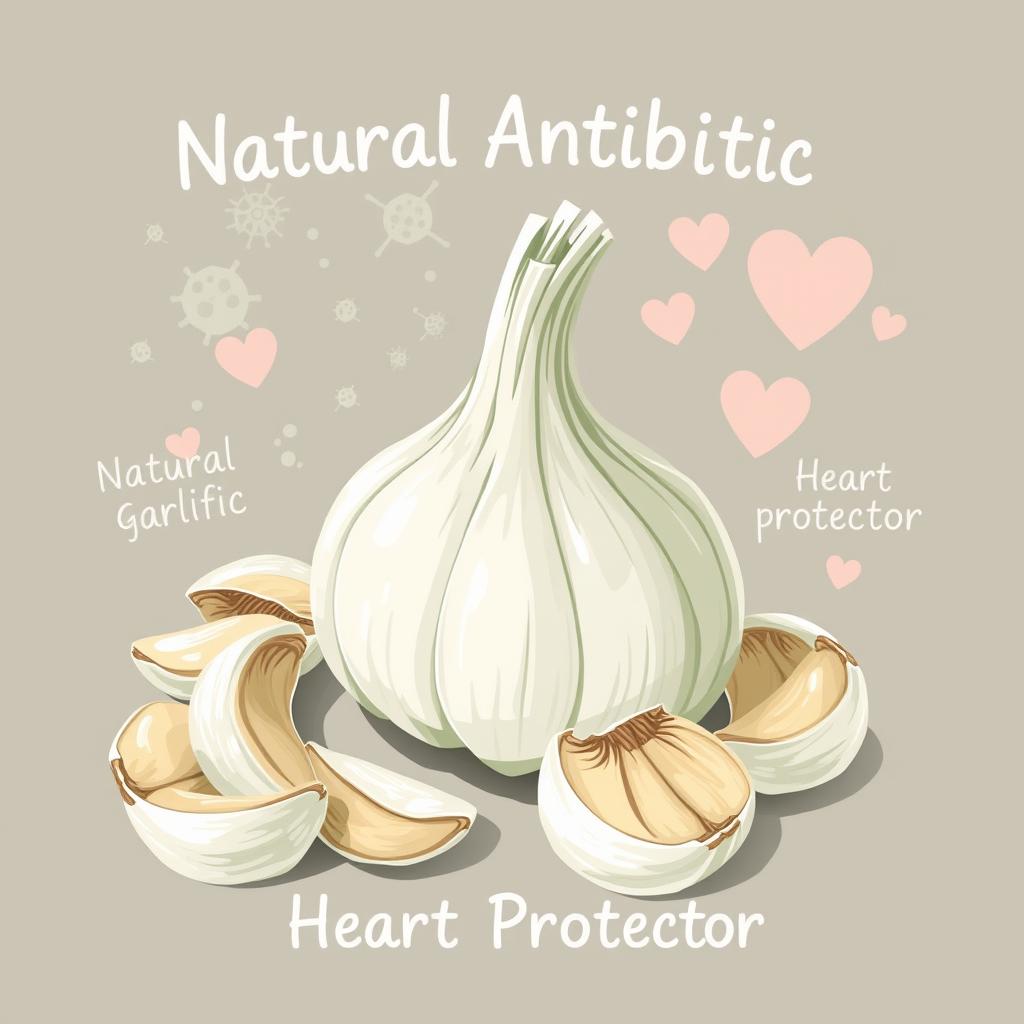 A detailed and engaging illustration depicting the properties of garlic as a natural antibiotic and heart protector