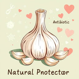 A detailed and engaging illustration depicting the properties of garlic as a natural antibiotic and heart protector