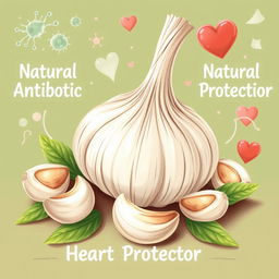 A detailed and engaging illustration depicting the properties of garlic as a natural antibiotic and heart protector