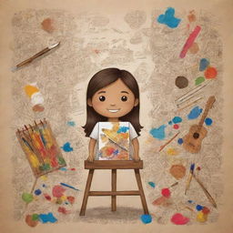 Add elements including a paintbrush, palette, easel and canvas to the Filipino arts doodle-style poster, symbolizing artistry. Ensure these elements are in line with the lively, brown-toned aesthetics of the image.