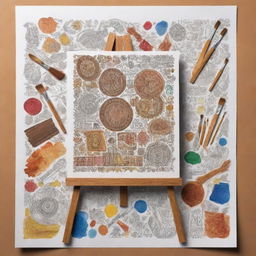 Add elements including a paintbrush, palette, easel and canvas to the Filipino arts doodle-style poster, symbolizing artistry. Ensure these elements are in line with the lively, brown-toned aesthetics of the image.