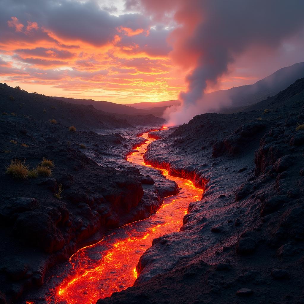 A breathtaking scene depicting a river of glowing orange and red lava flowing down a rocky slope at sunset