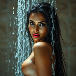 A stunning Indian model under a shower, water cascading down her body, emphasizing her long wet hair and hourglass figure