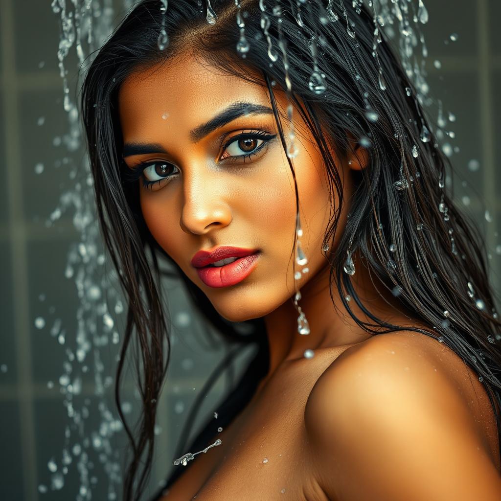 A stunning Indian model under a shower, water cascading down her body, emphasizing her long wet hair and hourglass figure