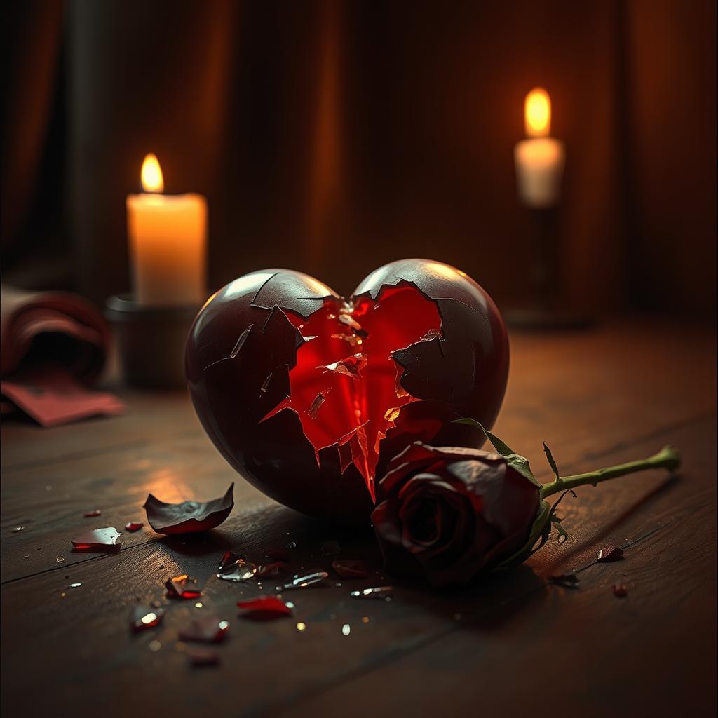 A melancholic scene depicting a shattered heart, with delicate pieces of glass scattered around, illuminated by warm candlelight