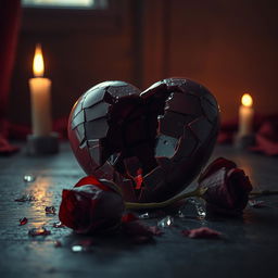 A melancholic scene depicting a shattered heart, with delicate pieces of glass scattered around, illuminated by warm candlelight