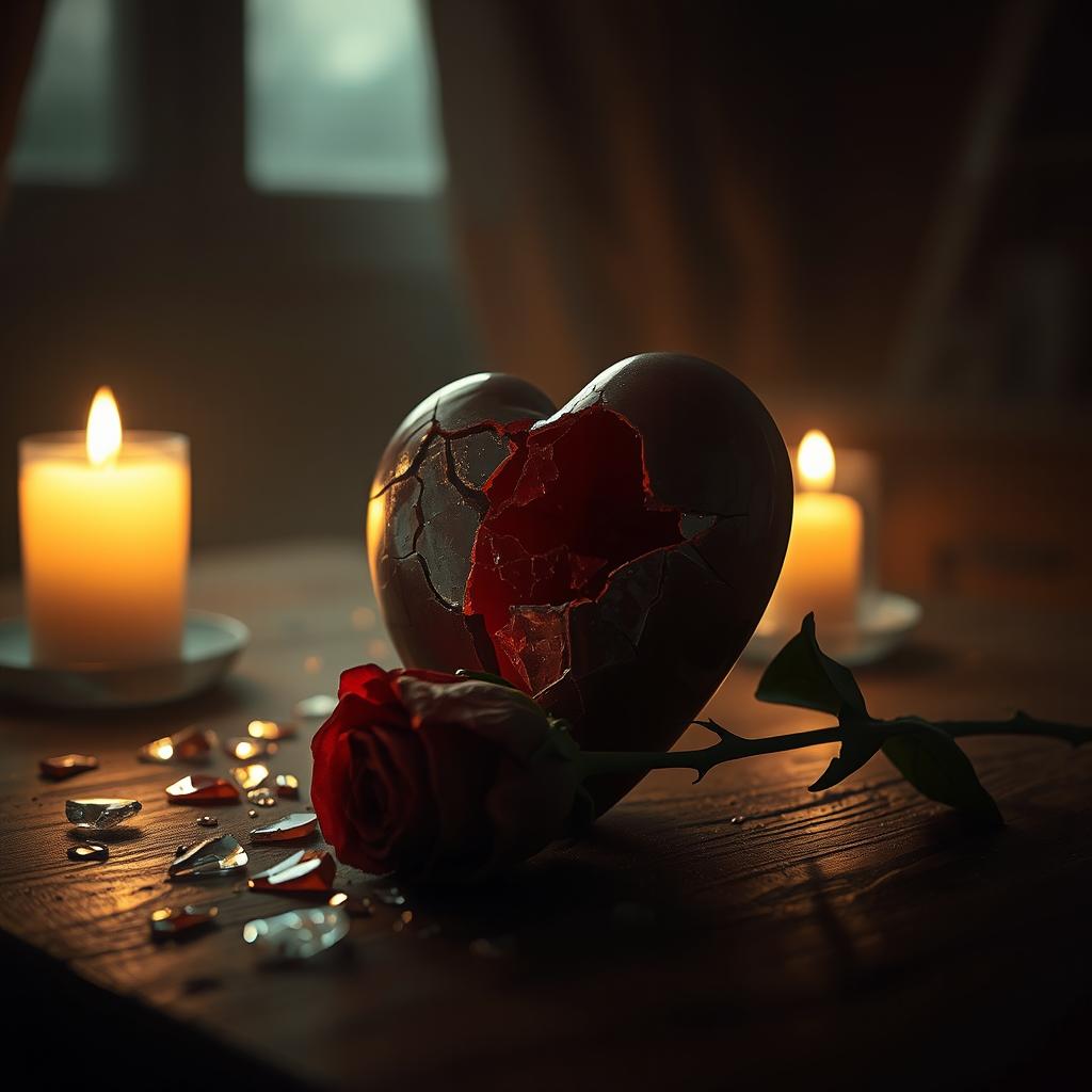 A melancholic scene depicting a shattered heart, with delicate pieces of glass scattered around, illuminated by warm candlelight