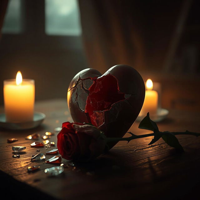 A melancholic scene depicting a shattered heart, with delicate pieces of glass scattered around, illuminated by warm candlelight