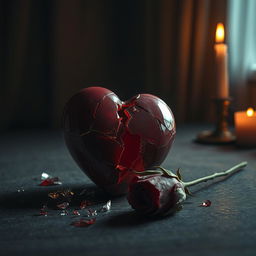 A melancholic scene depicting a shattered heart, with delicate pieces of glass scattered around, illuminated by warm candlelight