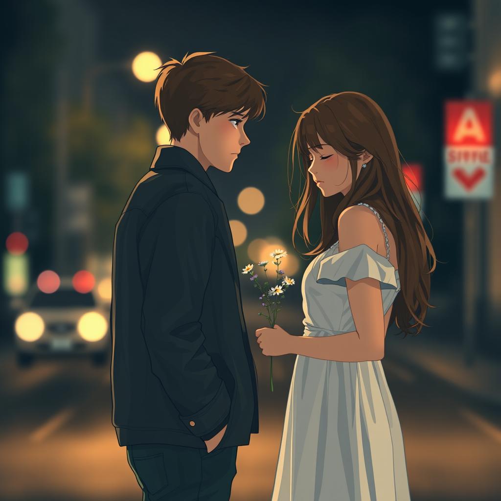 A poignant scene depicting a young couple at their moment of heartbreak, standing on a dimly lit street