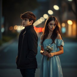 A poignant scene depicting a young couple at their moment of heartbreak, standing on a dimly lit street