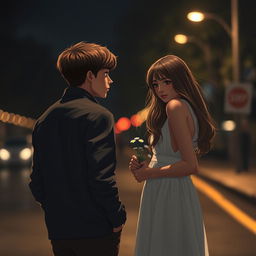 A poignant scene depicting a young couple at their moment of heartbreak, standing on a dimly lit street