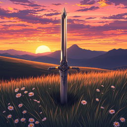 An anime style illustration featuring the legendary Excalibur sword stuck in the ground on a grassy field during the late afternoon