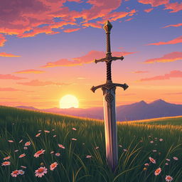 An anime style illustration featuring the legendary Excalibur sword stuck in the ground on a grassy field during the late afternoon