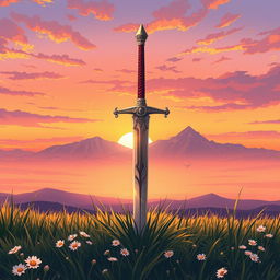 An anime style illustration featuring the legendary Excalibur sword stuck in the ground on a grassy field during the late afternoon