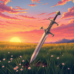 An anime style illustration featuring the legendary Excalibur sword stuck in the ground on a grassy field during the late afternoon