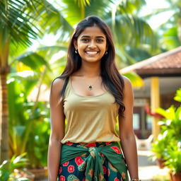 A young woman from Kerala, 18 years old, dressed in a stylish baniyan (tank top) paired with a trendy skirt