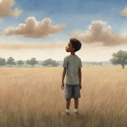 A heartwarming children's book-style illustration of an African American boy standing alone in a vast field, projecting his brave spirit against a beautiful, serene backdrop.