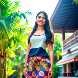 A young woman from Kerala, 18 years old, dressed in a stylish baniyan (tank top) paired with a trendy skirt