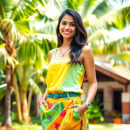 A young woman from Kerala, 18 years old, dressed in a stylish baniyan (tank top) paired with a trendy skirt