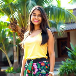 A young woman from Kerala, 18 years old, dressed in a stylish baniyan (tank top) paired with a trendy skirt