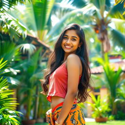 A young woman from Kerala, 18 years old, dressed in a stylish baniyan (tank top) paired with a trendy skirt