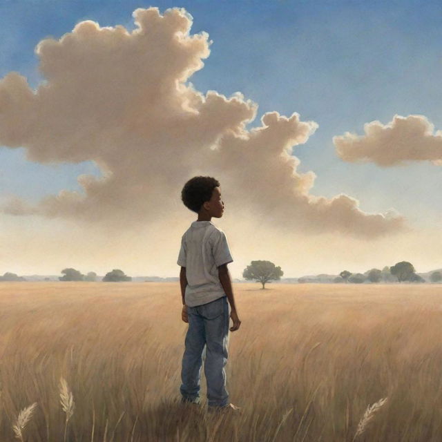 A heartwarming children's book-style illustration of an African American boy standing alone in a vast field, projecting his brave spirit against a beautiful, serene backdrop.