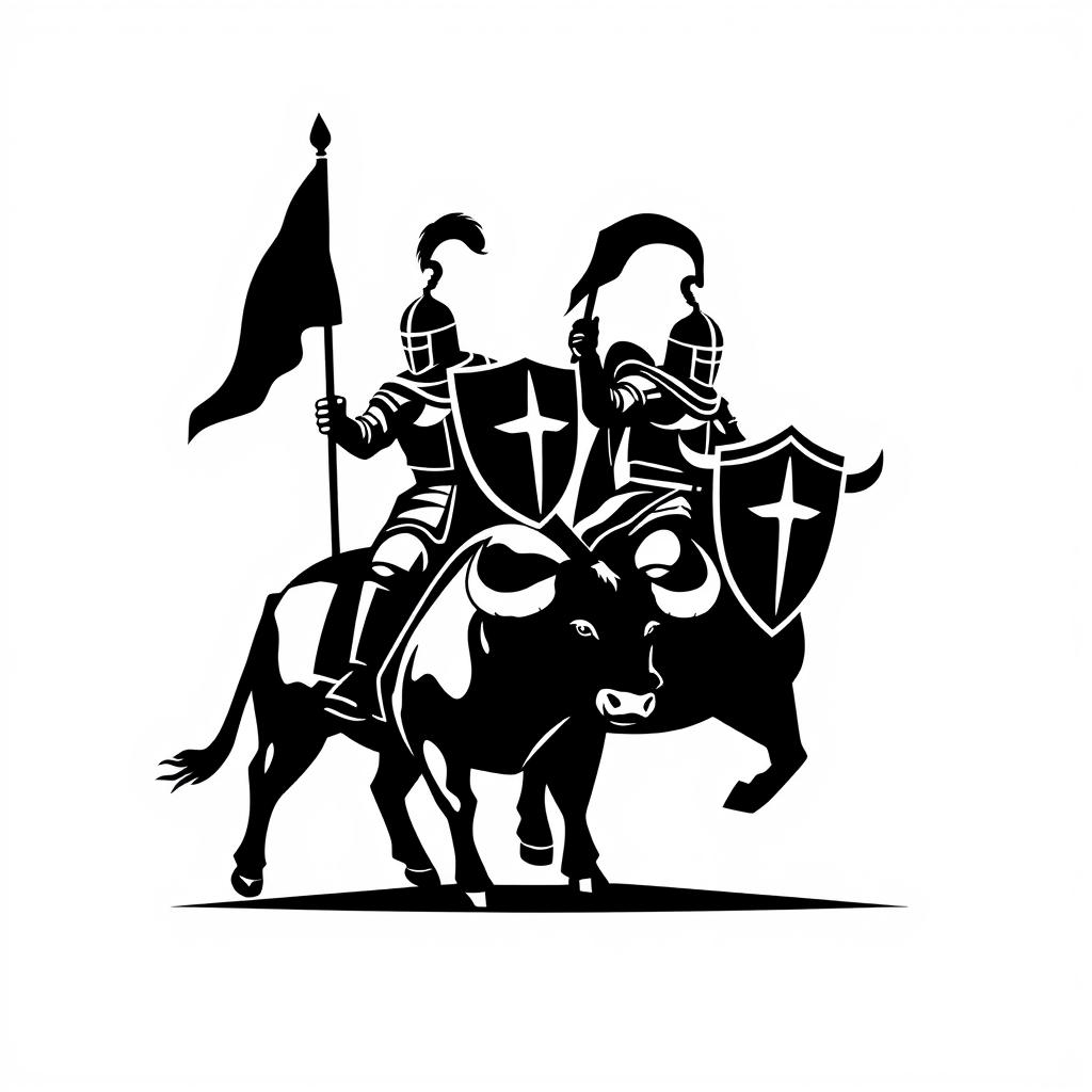 A silhouette logo featuring two knights, each holding a flag and a shield while riding a bull