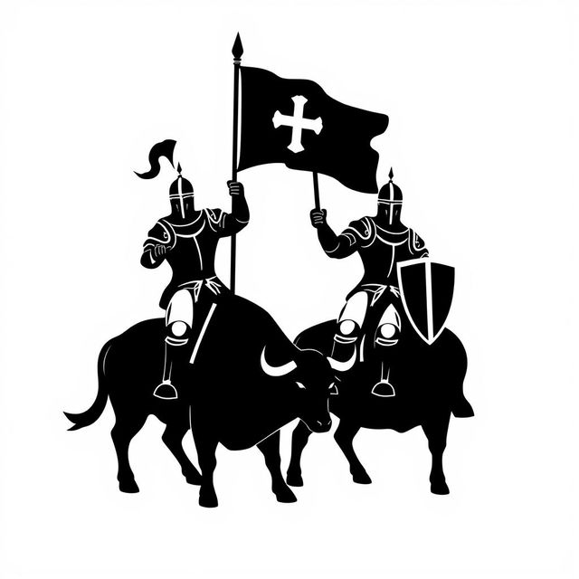 A silhouette logo featuring two knights, each holding a flag and a shield while riding a bull