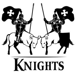 A silhouette logo featuring two knights, each holding a flag and a shield while riding a bull