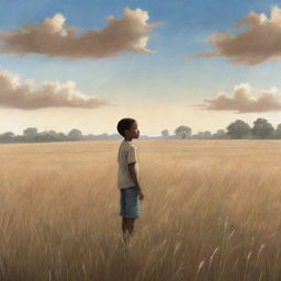 A heartwarming children's book-style illustration of an African American boy standing alone in a vast field, projecting his brave spirit against a beautiful, serene backdrop.