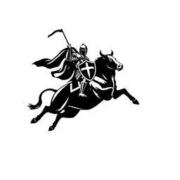 A striking silhouette logo of a knight, who is holding a flag and a shield while riding a jumping bull