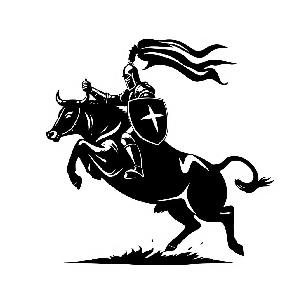 A striking silhouette logo of a knight, who is holding a flag and a shield while riding a jumping bull