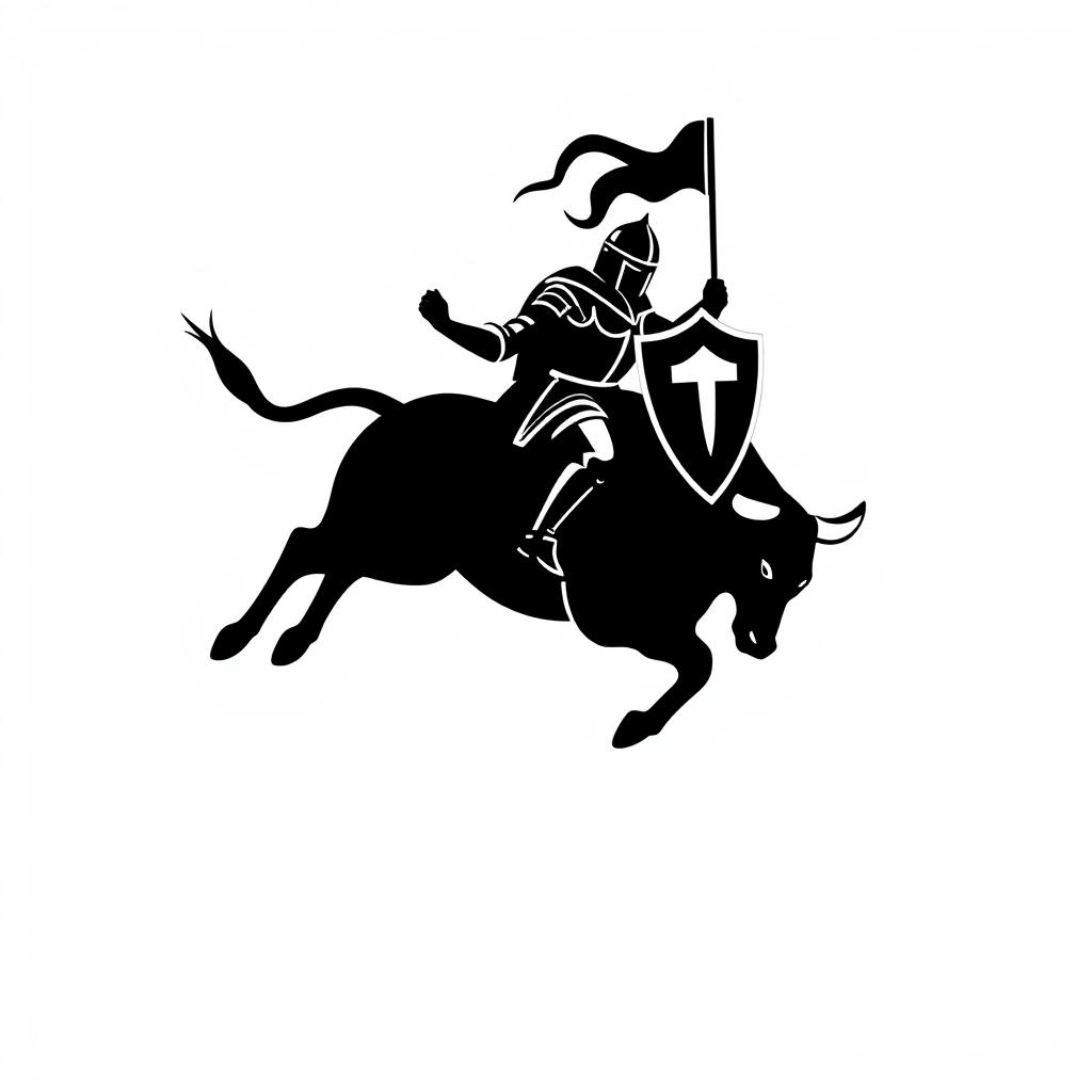 A silhouette logo of a knight holding a flag and a shield while riding a bull that is looking down as it jumps