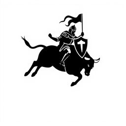 A silhouette logo of a knight holding a flag and a shield while riding a bull that is looking down as it jumps