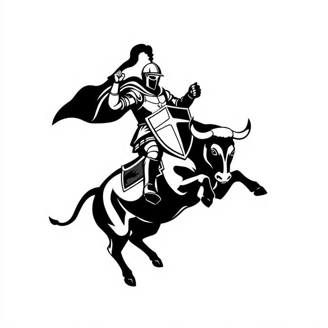 A silhouette logo of a knight holding a flag and a shield while riding a bull that is looking down as it jumps