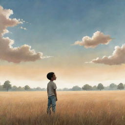 A heartwarming children's book-style illustration of an African American boy standing alone in a vast field, projecting his brave spirit against a beautiful, serene backdrop.