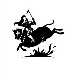 A silhouette logo of a knight holding a flag and a shield while riding a bull that is looking down as it jumps