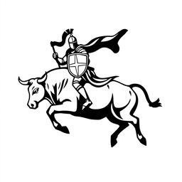 A silhouette logo of a knight holding a flag and a shield while riding a bull that is looking down as it jumps